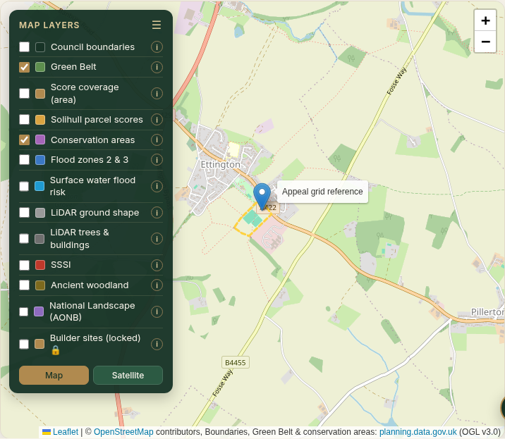Green Belt and conservation area layers (planning.data.gov.uk), Ettington example