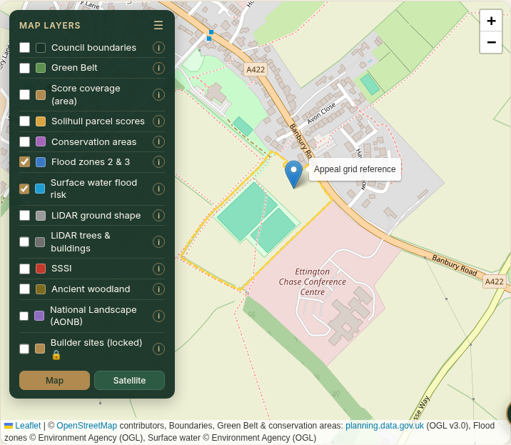 Environment Agency flood zones 2 and 3 and surface water flood risk, Ettington example