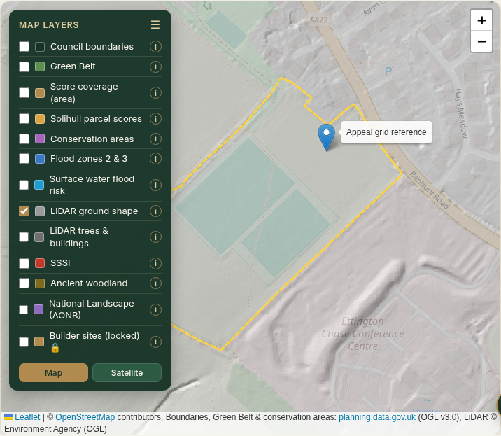 Environment Agency LiDAR ground shape (1m hillshade), Ettington example