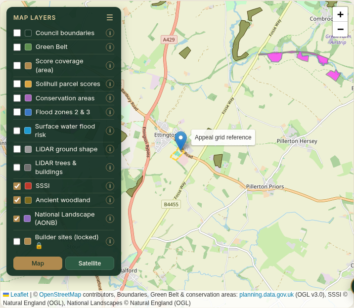 Natural England SSSI, ancient woodland and National Landscape layers, Ettington example